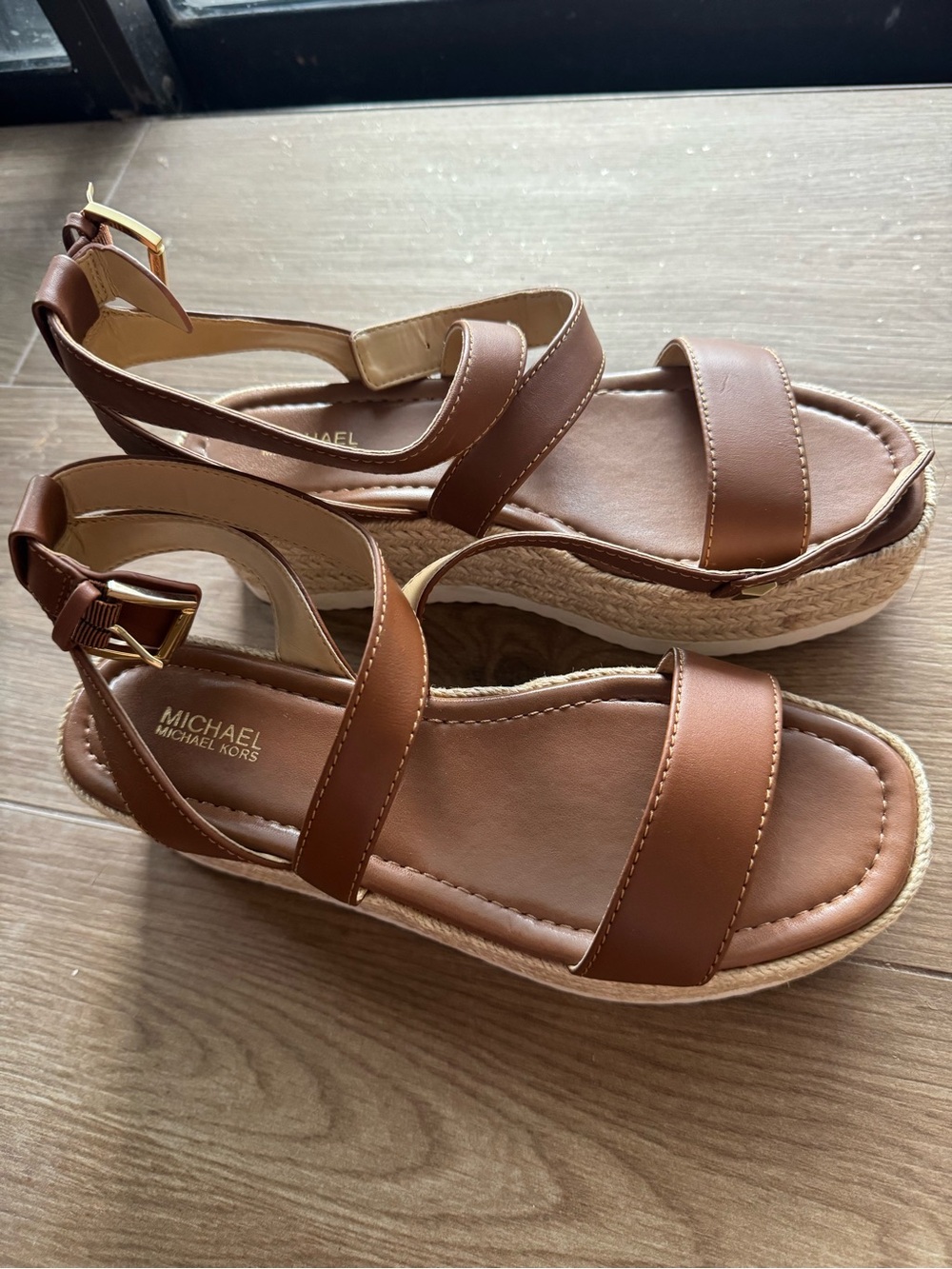 Michael Kors Brown Leather Espadrille Wedge Sandals